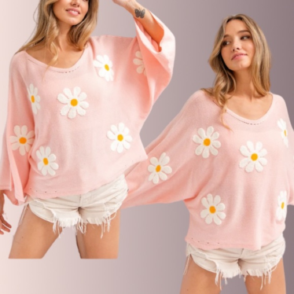 New Fabulous Boho Flower Embroidery Loose Fit Knit Top - Picture 3 of 9